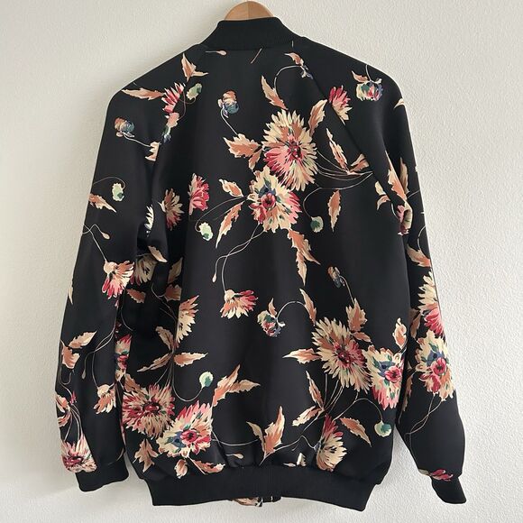 Chaps Satin Bomber Jacket Size L Black Pink Floral Colorful Snap Buttons - Picture 2 of 16